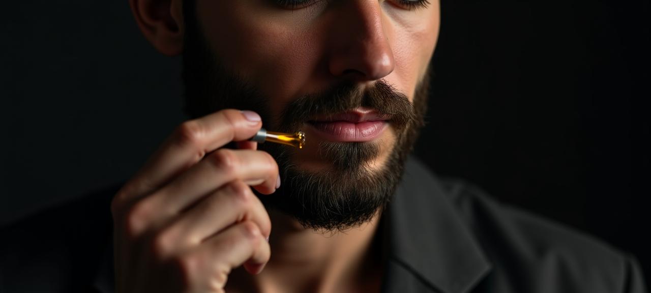Primer plano de un hombre elegante aplicándose aceite de barba premium